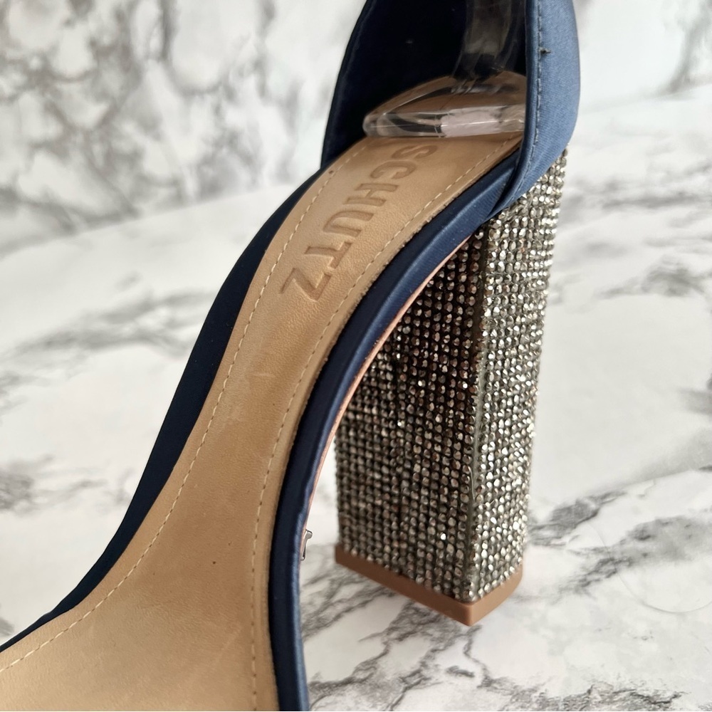Schutz Hara Sandals Blue Satin Rhinestone Block Heel Ankle Strap 6 Cocktail Glam - Picture 11 of 17